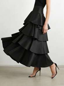 فستان ماكسي أسود للنساء من فوسلات مع تصميم طبقات وكشكشة غير متماثلة في الذيل وخصر عالي، مناسب لحفلات المساء، حفلات الزفاف، عيد الحب، الصيف، الكرنفال، ملابس الشاطئ، الحفلات، الخروج، العطلات - الأسود - مشاهدة 3