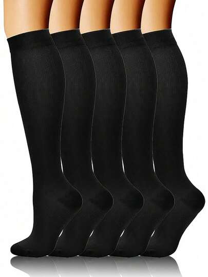 5/1 Pair Women & Men's Black Knee-High Compression Socks And Cycling Socks, Suitable For Running, Cycling, Fitness, Leggings, All Season, Boot Style, Knitted Socks, Great Gift For Family And Friends