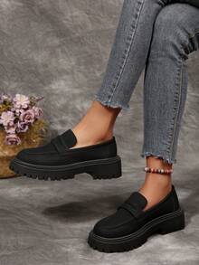 2025春季新款日系女式真皮鞋，复古英伦风厚底乐福鞋，复古JK时尚休闲鞋 - 黑色 - 查看 3