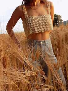 1件夏季新款简约时尚女式手工串珠背心仿珍珠女童上衣身体链，适合时尚外穿，女士礼物 - 純白 - 查看 6