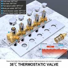 Sistema de ducha de lluvia de 12 pulgadas de con cascada arriba/abajo, 6 rociadores de cintura, válvula termostática de 5 vías, grifos de ducha de baño - Cromo - Ver 4
