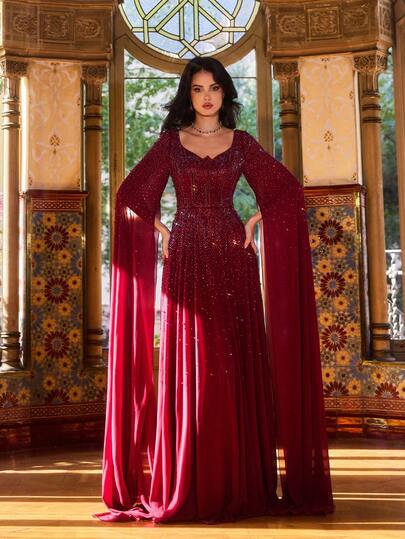Faeriesty Luxury Beaded Long Formal Dress - V-Neck Fitted Bodice, Shoulder To Wrist Adorned With Rhinestones, Draped Shawl Collar, A-Line Skirt With Elegant Train - Ideal For Formal Galas, Red Carpet Events, Weddings And Upscale Soirees. Party