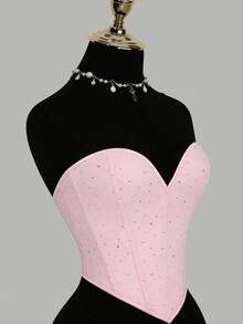 可爱粉色亮片水钻抹胸，鱼骨紧身胸衣，女士塑身衣，适合日常穿着、节日、圣诞礼物，女士紧身露脐塑身衣 - 粉色 - 查看 2