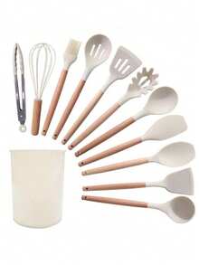 12件套硅胶烹饪用具套装，包括防刮铲、汤勺、汤匙、食物夹、刷子、打蛋器、夹子；木柄不粘锅具，多功能防刮烘焙厨房小工具，不粘耐热易清洗，可用洗碗机清洗，现代厨房用品，节日送礼佳品！ - 彩色 - 查看 16