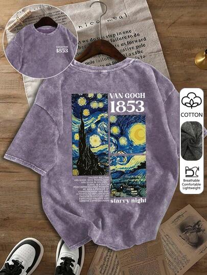 大码女式梵高星空艺术设计字母印花复古水洗T恤，休闲宽松，夏秋上衣