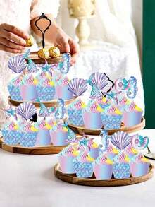 24pcs/12pcs/6pcs/Pack Mermaid Cupcake Toppers - Glitter Mermaid Birthday Decorations Under The Sea Cake Toppers Birthday Party Cake Decorations For Girls Kids Baby Shower,Baby Shower Party Decorations,Party Supplies - Multicolor - View 5