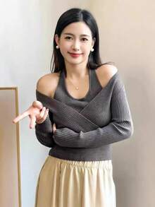 blusas elegantes dama Moda otoño e invierno nuevo temperamento francés elegante cuello colgante diseño sentido falso dos piezas de punto de manga larga - Gris - Ver 2