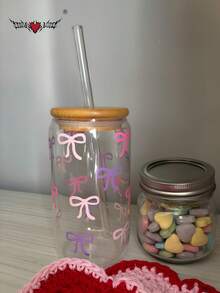 1 Set/With Lid & Straw Purple Bow Iced Coffee Glass Straw Cup, Cold Drink Juice Straw Cup, Hot Drink Straw Cup, Outdoor Travel Large Capacity Water Bottle, Exquisite Cute Milk Tea Cup, High Quality Juice Cup, High Temperature Baked Printed Design Won't Peel Off, Machine Washable - Best Gift Choice - Multicolor - View 8