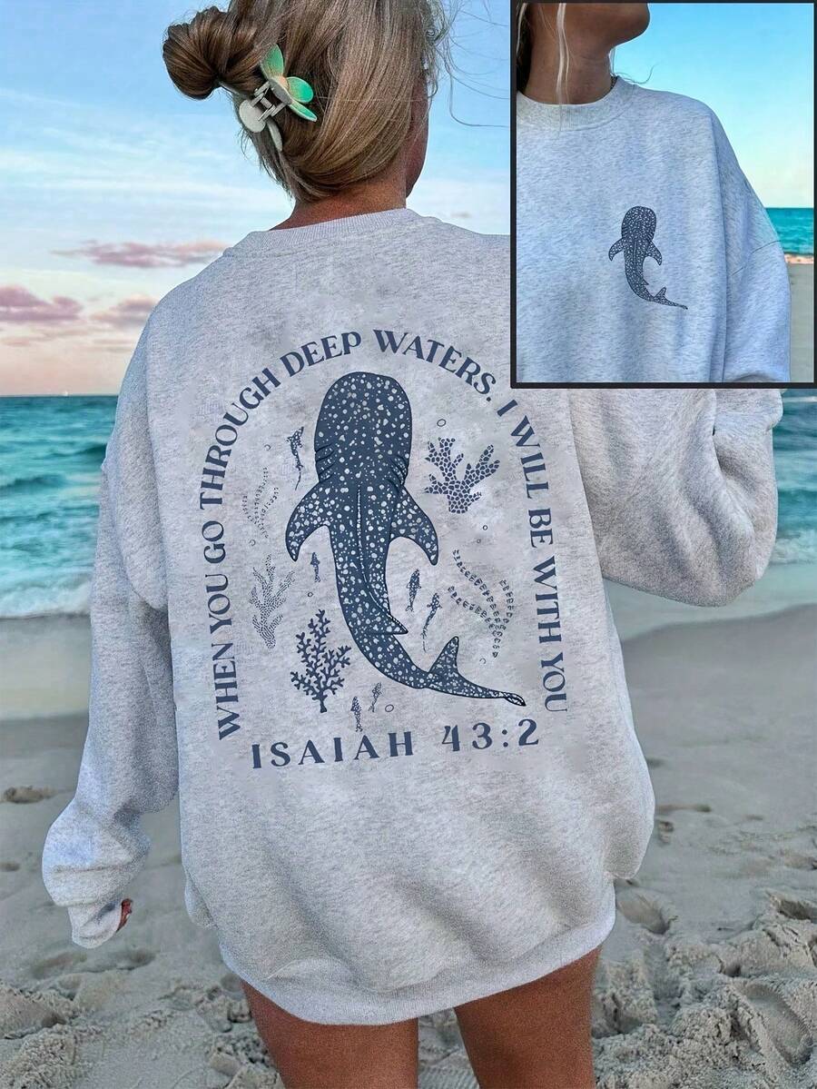 Women'S Christian Faith Sweatshirt - 43:2 Bible Verse & Whale Shark Ocean Print, Soft Crew Neck Long Sleeve, Coastal Inspirational Top, Machine Washable Winter Warmth, Comfortable Casual Wear For Beach Outfits & Everyday Faith Apparel Women's Minimalist Regular Fit Long Sleeve Sweatshirt - Casual Daily Outfits Top - 淺灰色 - 查看 1