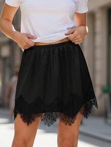 Womens Lace Trim Mini Skirt Casual Stylish Mid Rise Satin Short Skirt For Daily Life Club Party - 黑色 - 查看 6