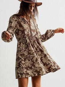 Rusttydustty 条纹蕾丝V领休闲长袖经典咖啡色连衣裙，波西米亚风沙滩裙，适合音乐节及类似场合，优雅春季款 - 咖啡 - 查看 9