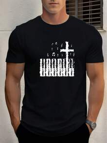 Camiseta Casual de Manga Corta para Hombre - Nota Musical Negra; Diseño Gráfico de Cruz Camiseta de verano transpirable. Cuello Redondo de Ajuste Regular para Atuendo Casual. Ropa con temática musical. Ropa casual de calidad. Camiseta de Corte Relajado Estilo minimalista. Material suave. Ropa para adultos - Negro - Ver 8