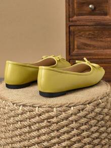 Women Minimalist Yellow-Green Square Toe Flats, Bow Soft Sole Flats For Work & Casual - 芥末黃 - 查看 6