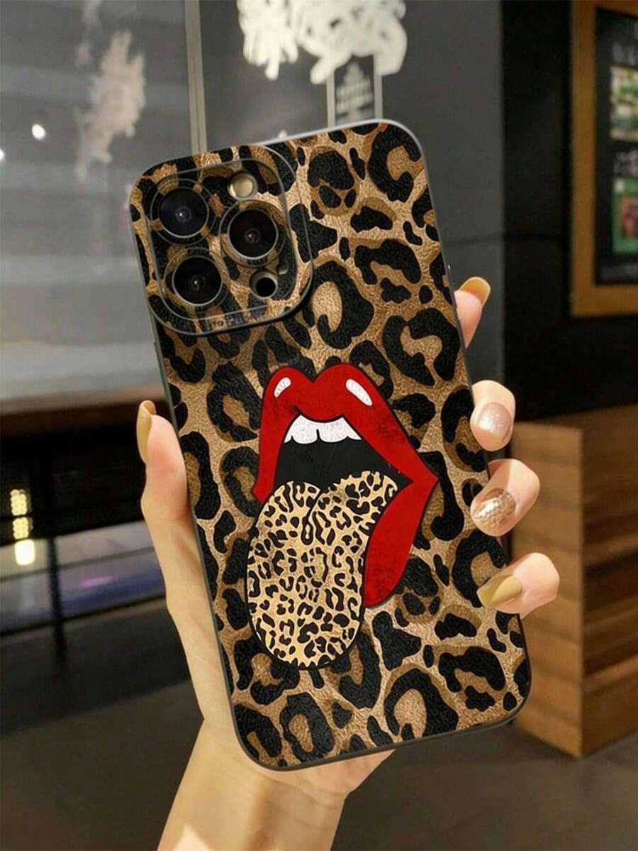 1pc Leopard Tongue UV Printed Anti-Drop Phone Case Compatible With Apple/ Galaxy - Black - View 1