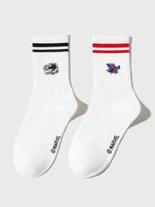 Marvel 5/3/1 双装情侣/男士/女士白色运动袜，饰有酷炫可爱的蜘蛛侠卡通图案，经典简约柔软舒适校园风中筒袜，个性化时尚透气吸湿排汗黑红双条纹袜，适合生日派对/户外运动/校园活动/节日聚会 - 白色 - 查看 5