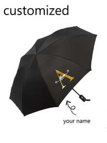 Personalized Automatic Umbrella With Name/Letter, 8-Rib Folding Umbrella, Customizable Logo, One-Button Operation, Portable Travel Umbrella, Black Canopy, Gold Letter, Luxury Version, Travel Essential, Sun And Rain Dual-Use, Full Automatic UV Protection, Thickened Canopy, Unisex, Windproof Compact Folding Umbrella - Multicolor - View 1
