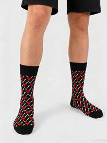 1/2 Pair Arrow & Heart Pattern Socks, Black & Red, Fashion Versatile Casual Unisex Mid-Calf Socks For Couples - Multicolor - View 5