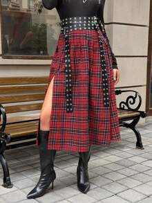 女士优雅Y2K纯红色格子A字裙，休闲中长格子裙，适合派对、通勤、新年、情人节等场合 - 彩色 - 查看 4