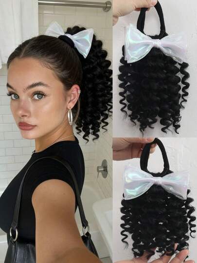 1pc 8 Inch Ponytail Hair Extension [Curly Ponytail + White/Light Pink/Dark Pink/Rose Red/Light Green/Dark Green Laser Ribbon Bow], Women's And Children's Wig, Synthetic Curly Ponytail Hair Extension With Elastic Hair Tie, Suitable For Daily Wear, Christmas Gifts, Dance Party Wigs And Accessories.