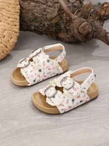 1 Pair Ballet Style Girls' Sandals, New Summer Floral Open Toe Beach Shoes, Princess Shoes - Beige - View 3