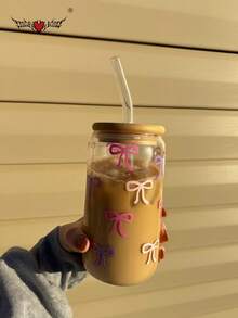 1 Set/With Lid & Straw Purple Bow Iced Coffee Glass Straw Cup, Cold Drink Juice Straw Cup, Hot Drink Straw Cup, Outdoor Travel Large Capacity Water Bottle, Exquisite Cute Milk Tea Cup, High Quality Juice Cup, High Temperature Baked Printed Design Won't Peel Off, Machine Washable - Best Gift Choice - Multicolor - View 4
