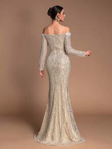 Elegant Women's Sparkling Beaded Off-Shoulder Mermaid Long Sleeve Dress, Fitted Long Shoulder-Revealing Gown With Pearl Embellishment, High-End Evening Gown For Wedding, Business, Party - 香檳色 - 查看 8