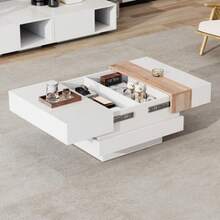 Mesa auxiliar de alto brillo de 70*70*39 cm con tablero extensible, mesa de centro cuadrada con almacenamiento oculto y divisores, blanco + color primario - Blanco - Ver 3
