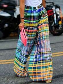 Women's Colorful Plaid Wide Leg Pants With Pockets, Casual Daily, Travel & Date Wear - Multicolor - View 1
