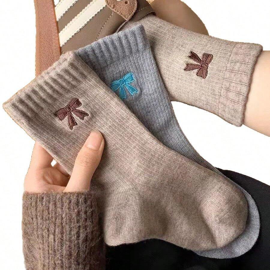 Women's Embroidered Bow Crew Socks, Versatile Autumn/Winter Mid-Calf Socks