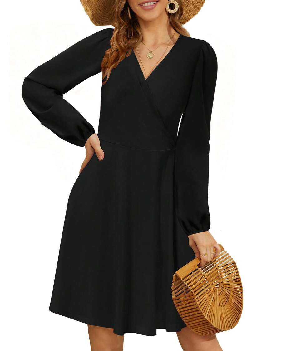Women's Black V Neck Long Bishop Sleeve A Line Boho Midi Dress With Flared Hem And Wrap Details - 黑色 - 查看 1