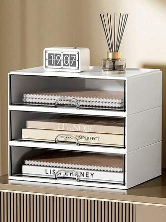 1pc Desktop Storage Box Organizer, Multi-Compartment Pen Holder, Transparent Drawer Style, Suitable For Office, Student Dorm