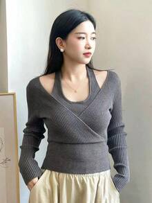 blusas elegantes dama Moda otoño e invierno nuevo temperamento francés elegante cuello colgante diseño sentido falso dos piezas de punto de manga larga - Gris - Ver 1