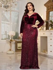 XUIBOL Đầm dạ hội dài tay dáng chữ A cổ chữ V đính sequin cỡ lớn, chất liệu nhung, thoải mái, phù hợp với nhiều dáng người, cổ chữ V, tay dài, ôm sát, dáng đuôi cá, thiết kế độc đáo, màu trơn, thanh lịch và sang trọng. - Màu Đỏ Sâu - Xem 13