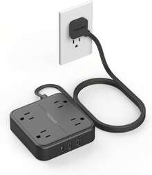 Flat Plug Power Strip, TESSAN 5 Ft Ultra Thin Black Extension Cord With 3 USB Wall Charger(1 USB C Port), 4 Outlets Black Power Strip Compact For Travel, Office, School, Dorm Room Essentials - 黑色 - 查看 7