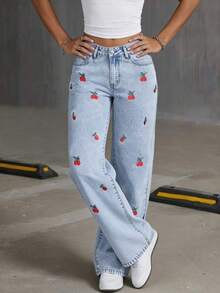 Tween Girl' Elastic Waist Washed Wide Leg Jeans With Embroidered Pattern, & Versatile - Light Wash - View 3