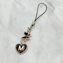 1pc Metal Heart & English Letter A-Z Pendant Phone Lanyard, Black Vintage Style A-Z Letter & Elegant Butterfly Phone Charm