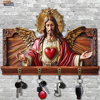 Soporte de llaves de madera plano 2D con forma de Sagrado Corazón, multifuncional, con 4 ganchos de metal, decoración de pared, decoración del porche, decoración de la habitación, decoración de la villa, decoración del hogar para todas las estaciones, 11.8" X 48"