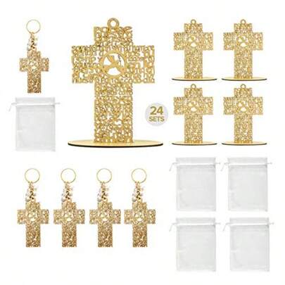 zxr 24 Juegos de Base de madera Cruz Padre Nuestro de 20 cm llaveros de cruz y bolsas de organza recuerdos para bautizo primera comunión confirmación graduación y recuerdo de boda125