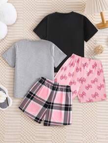 4 Stücke Mädchen elegantes & lässiges Pyjama Set, inklusive Schleifenprint Trägerhemd und rosa Shorts, geeignet für Feiertage, Valentinstag und den täglichen Gebrauch, ideale Sommerhomewear für Kinder und Mädchen, auch ein tolles Geschenk für Tween-Mädchen - Verschiedenfarbig - Übersicht 3
