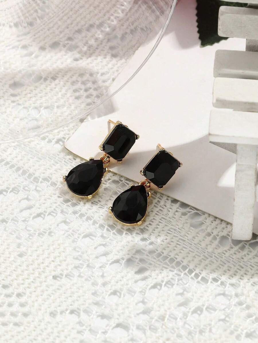 1 Đôi bông tai hợp kim kiểu Bohemian đính đá toàn bộ, sang trọng, thanh lịch, phổ biến và đa năng. - màu đen - Xem 1
