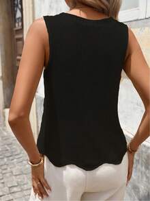 Mejors 女士法式时尚休闲可爱闪亮纹理不对称下摆圆领无袖针织吊带背心，适合度假穿着，夏季必备 - 黑色 - 查看 7