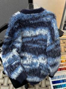 Winter Fox Fur-Imitated Jacquard Crewneck Sweater Men's American Retro Vintage Loose Casual Warm Knitwear - 藍色 - 查看 2