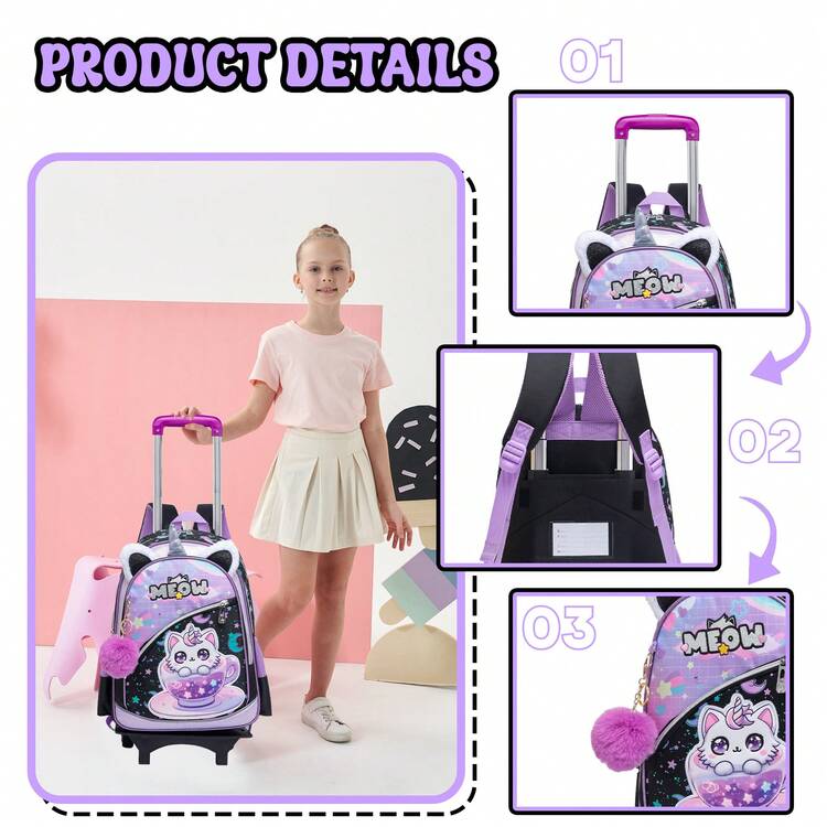 Set de 3 mochilas con ruedas para niñas, con múltiples bolsillos y patrones de sirena/gato, adecuadas para estudiantes de primaria, con estuche y caja de lápices - Bolso con ruedas de dos piezas para niña - Añade 4