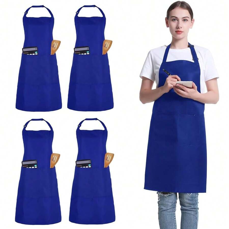 4 Pack Chef Apron, Adjustable Apron With 2 Pockets, Unisex Personalised Apron For CooFKing, Kitchen, Restaurant,Blue - Blue - 查看 1