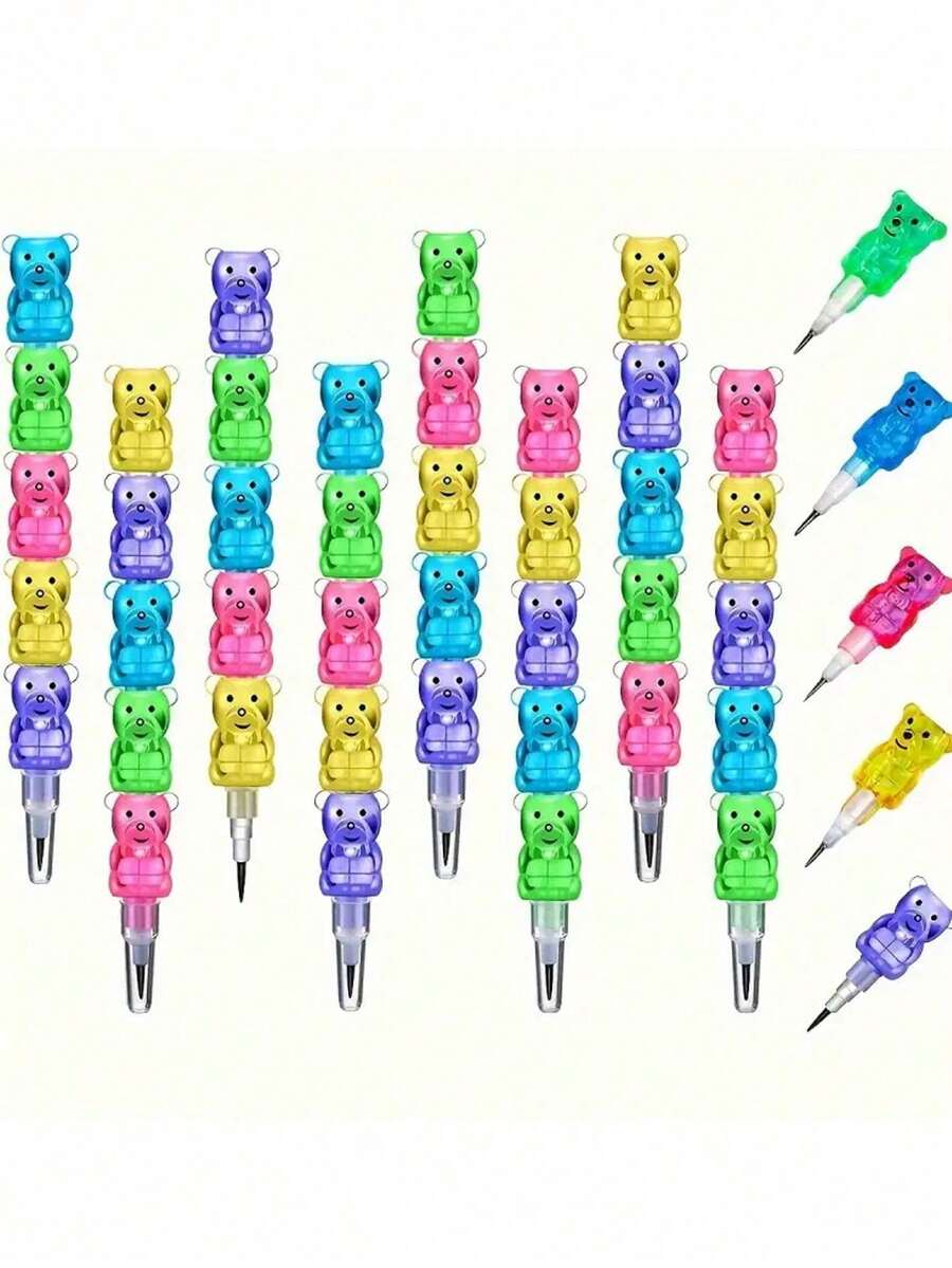 Set Of 50 Fun Colorful Cartoon Bear Pencils (Includes 10 Complete Pencils; Each Features A "5-In-1" Stackable Design) – Ideal For Office & Art Supplies, Back-To-School Gifts, Classroom Rewards, And Party Favors For Birthdays Or Holidays.