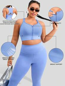 1pc Women Plus Size Front Zip Sports Bra, Lift And Adjust Sagging Bust, Casual Wear Camisole - Blue - View 5