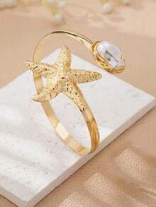 1pc Women's Fashionable New Starfish Bangle Open Baroque Pearl Style Bracelet, Suitable For Beach, Party, Wedding, Holiday, Music Festival, Gift - 臂章 - 查看 4