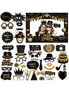 38pcs Gold Glitter Birthday Photo Booth Props, Birthday Party Decorations For Men & Women, Funny Cute Holiday Birthday Party Supplies (Gold & Black) - Multicolor - View 8