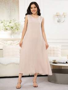 ASBB 重工串珠彩色刺繡阿拉伯女款 JALABIYA 前綁帶圍裙式洋裝，杏色無袖底層優雅洋裝，2026夏季派對度假休閒穿搭，沙烏地國慶日穿搭 - 杏色 - 查看 5
