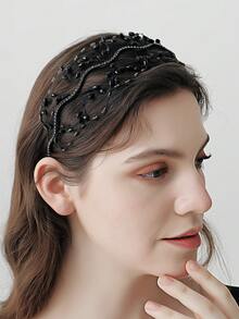 1 件女士时尚简约百搭水晶串珠发带，适合婚礼、典礼、节日等场合头带发带发箍 - 銀色 - 查看 5